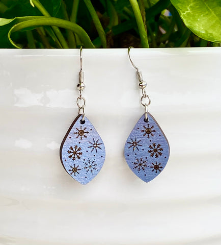 Metallic Blue Wood Snowflake Earrings